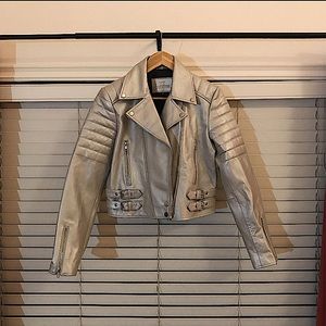 Womens Shiny Platinum Silver Leather Motorcycle Jacket